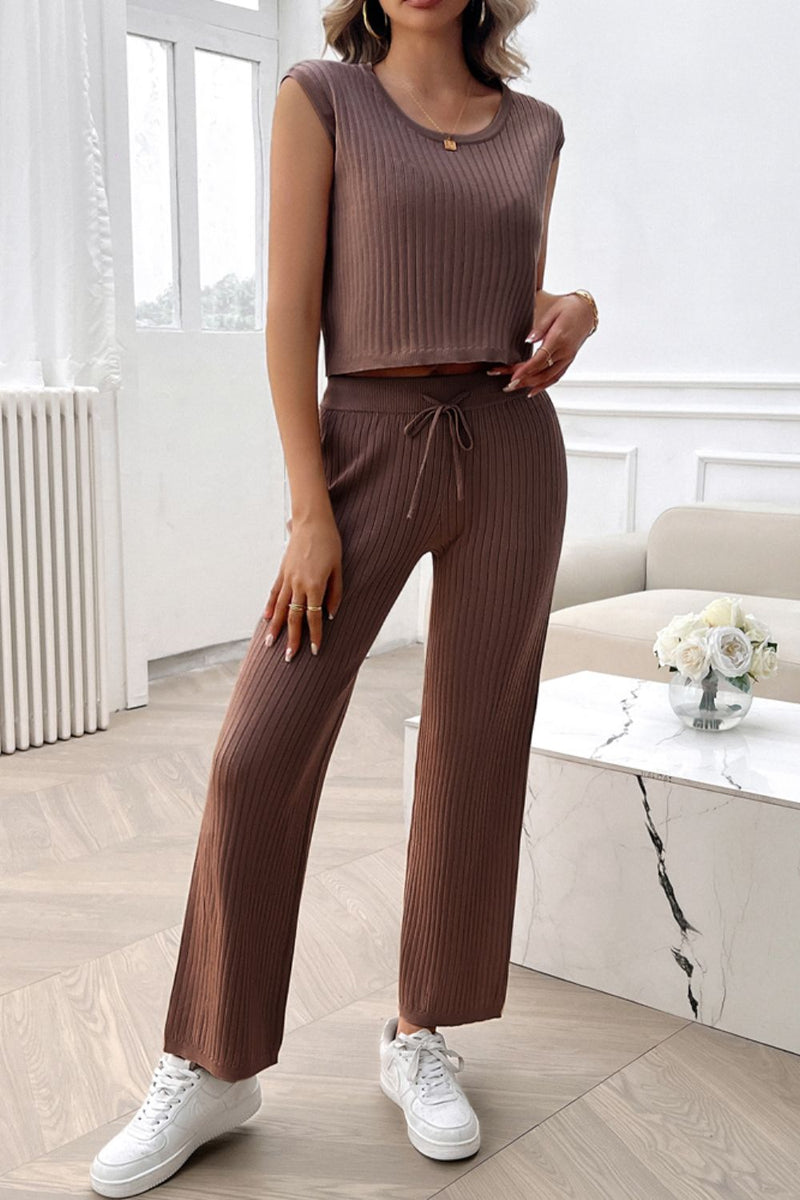 Ribbed Round Neck Top and Pants Set Brown