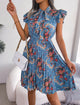 Pleated Floral Printed Tie Neck Knee Length Dress Light Blue