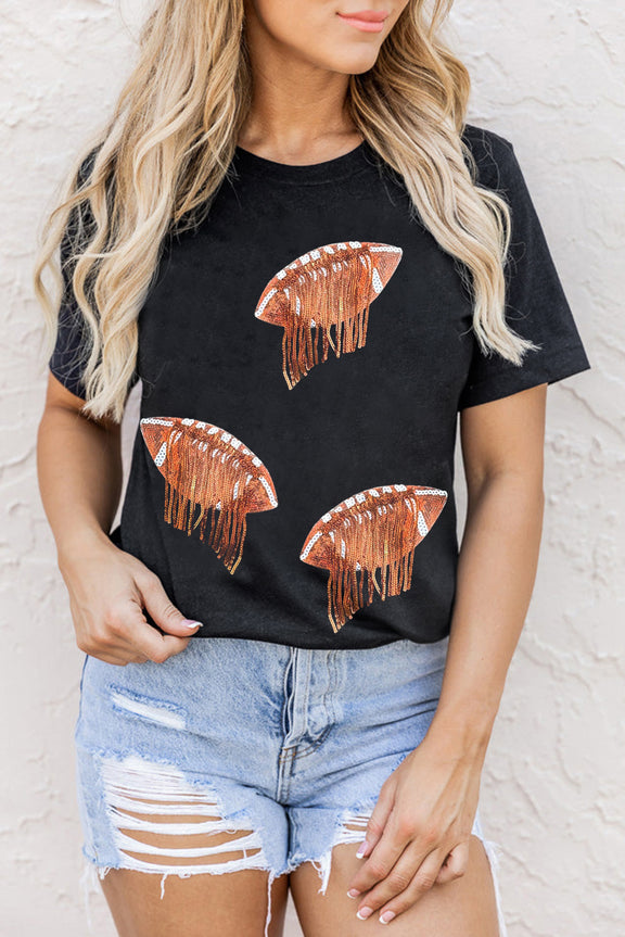 Sequin Football Round Neck Short Sleeve T-Shirt Black