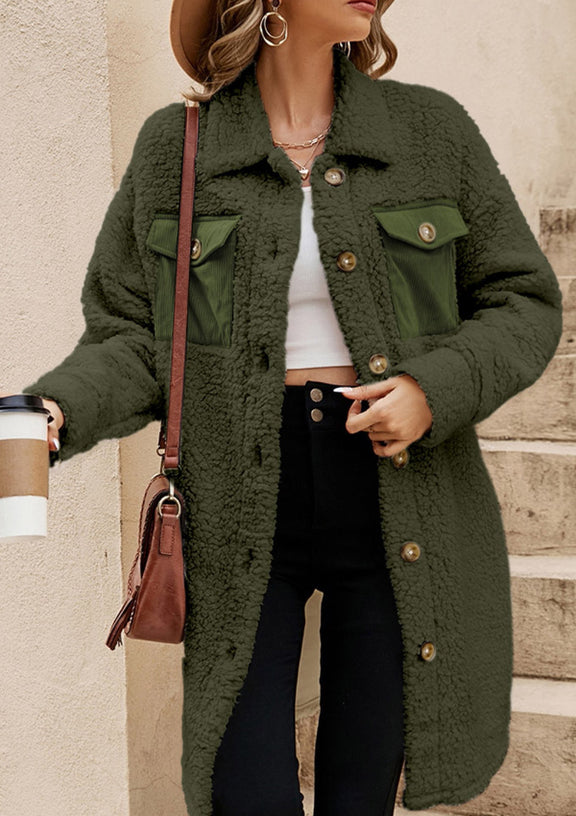 Collared Neck Long Sleeve Longline Teddy Jacket Army Green