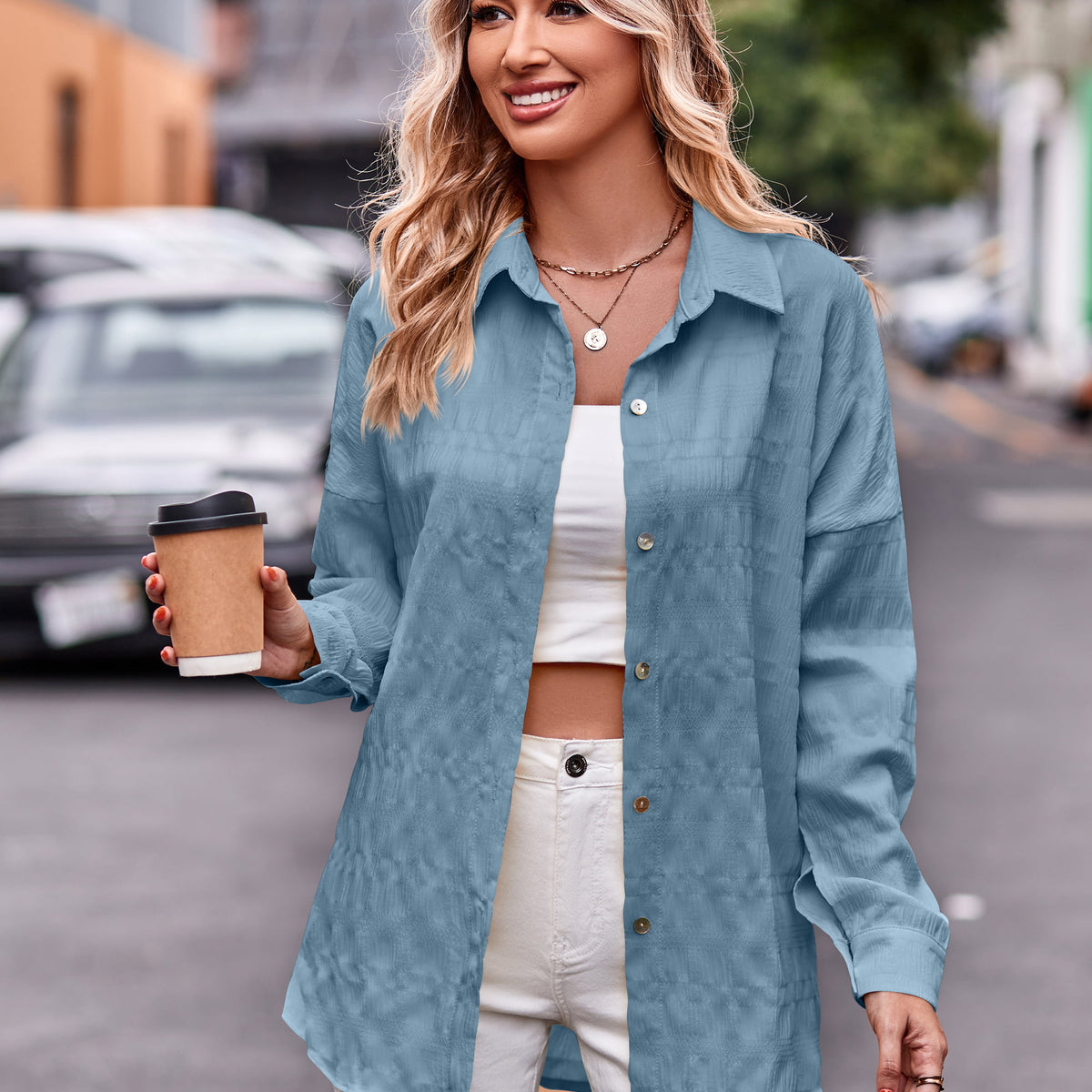 Dropped Shoulder Longline Shirt Sky Blue