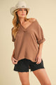 Aemi + Co Side Slit V-Neck Short Sleeve Blouse Caramel