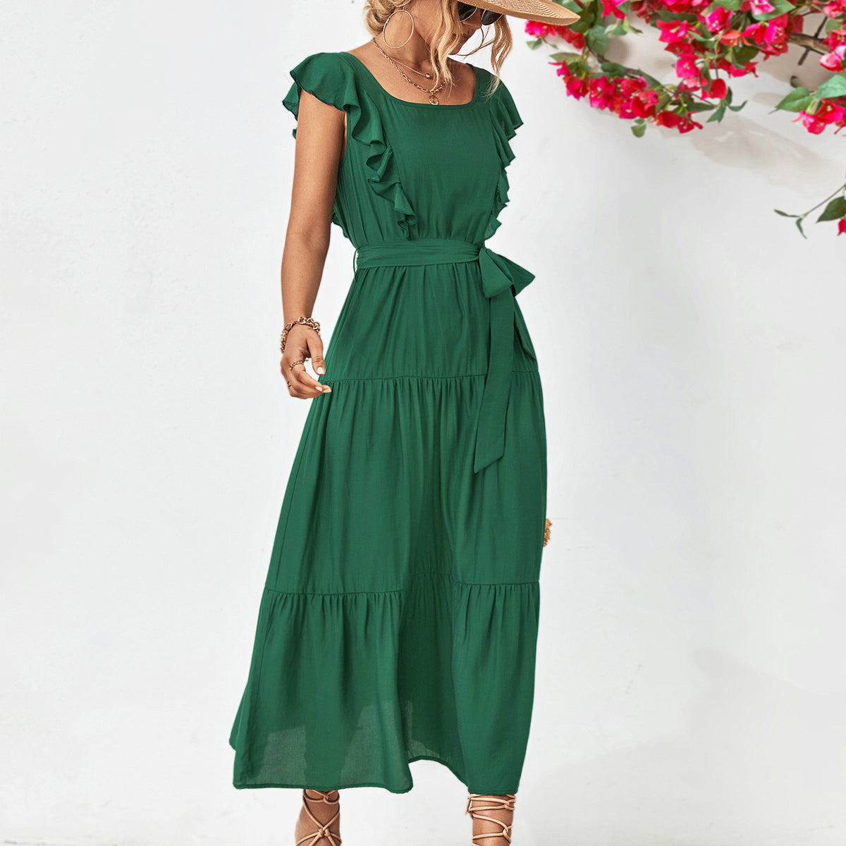 Tie Belt Ruffled Tiered Dress