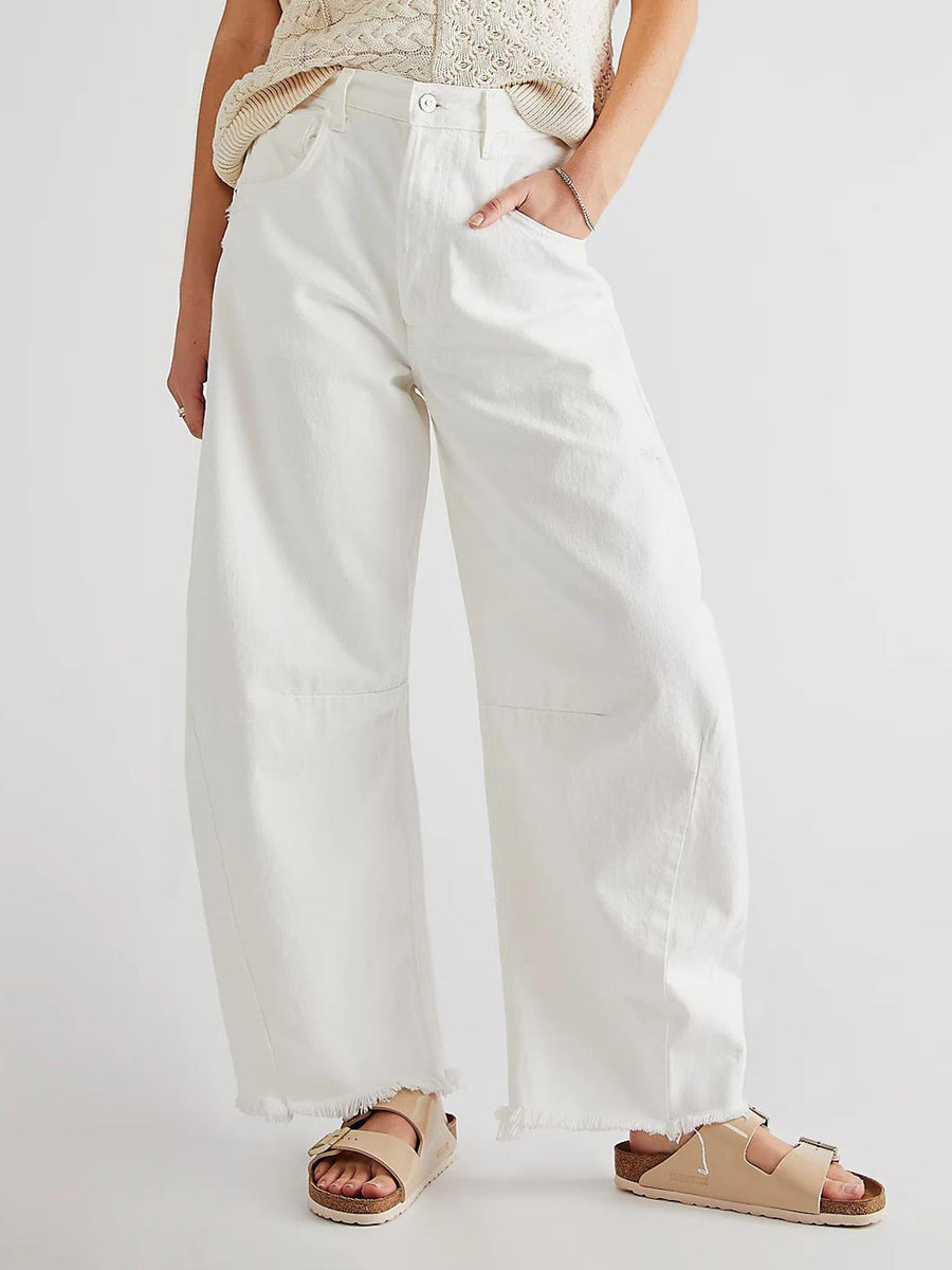 Raw Hem Wide Leg Jeans with Pockets White