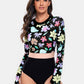 Flower Round Neck Long Sleeve One-Piece Swimwear