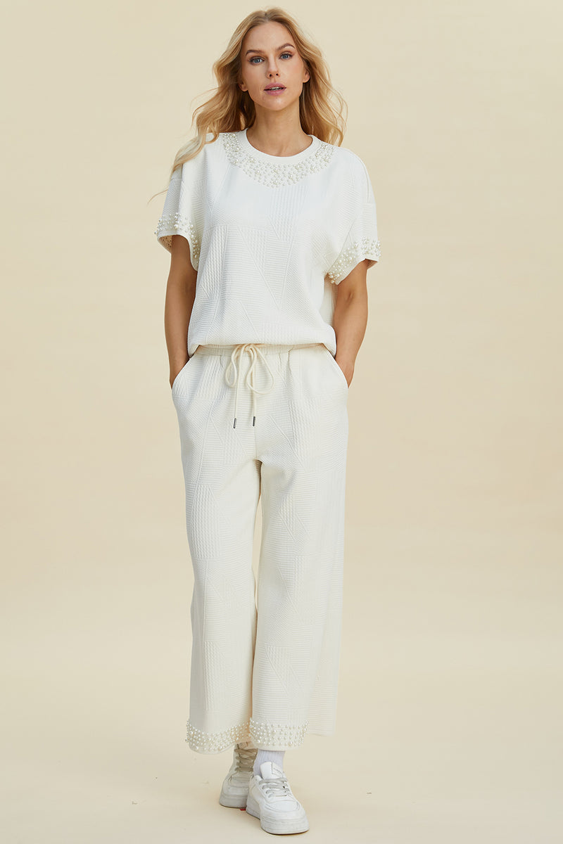 Double Take Full Size Pearl Detail Round Neck Top and Pants Set Cream