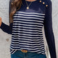 Decorative Button Striped Round Neck Long Sleeve T-Shirt