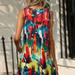 Printed Round Neck Sleeveless Dress with Pockets