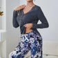 V-Neck Henley Top and Floral Pants Lounge Set