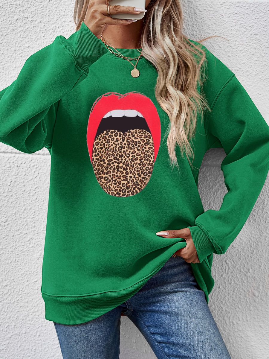 Leopard Lip Graphic Round Neck Sweatshirt Dark Green