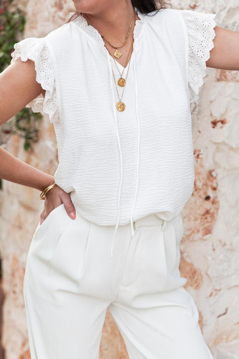 Ruffled Tie Neck Cap Sleeve Blouse White