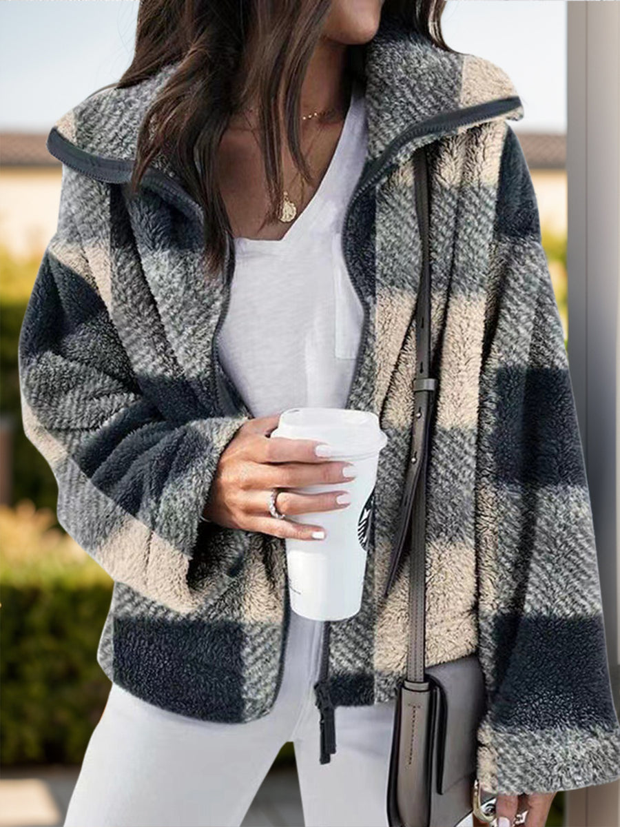 Full Size Plaid Zip Up Long Sleeve Jacket Tan