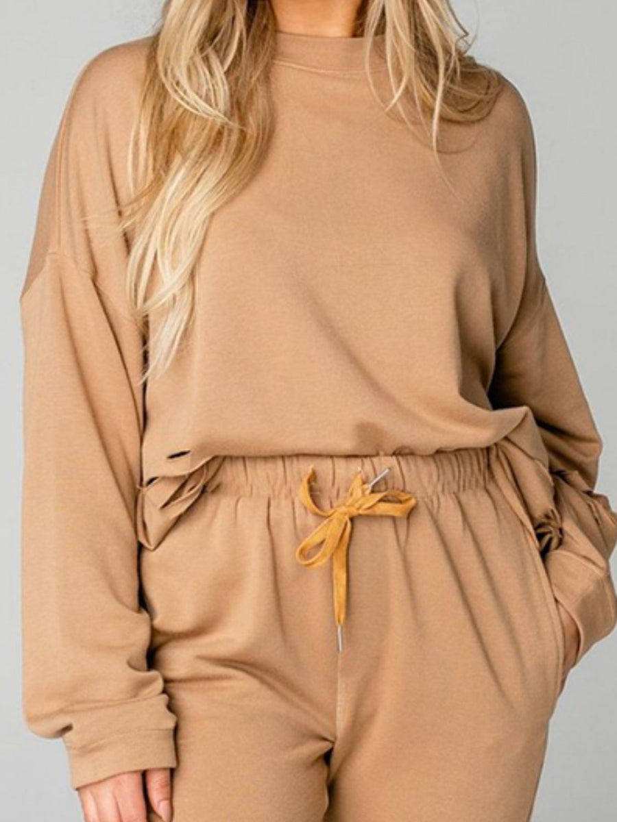 Distressed Sweatshirt and Joggers Set Khaki