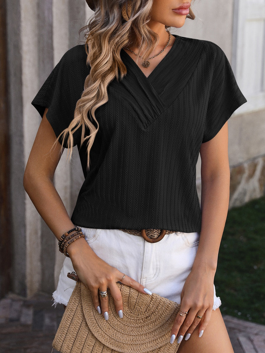 Mandy Textured Surplice Short Sleeve Blouse Black