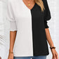 Contrast V-Neck Lantern Sleeve Blouse