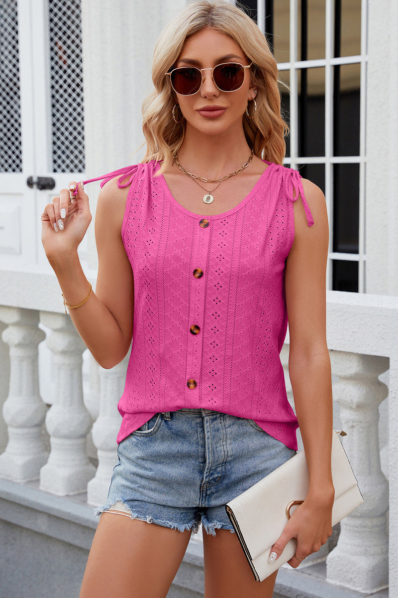 Eyelet Round Neck Wide Strap Tank Hot Pink