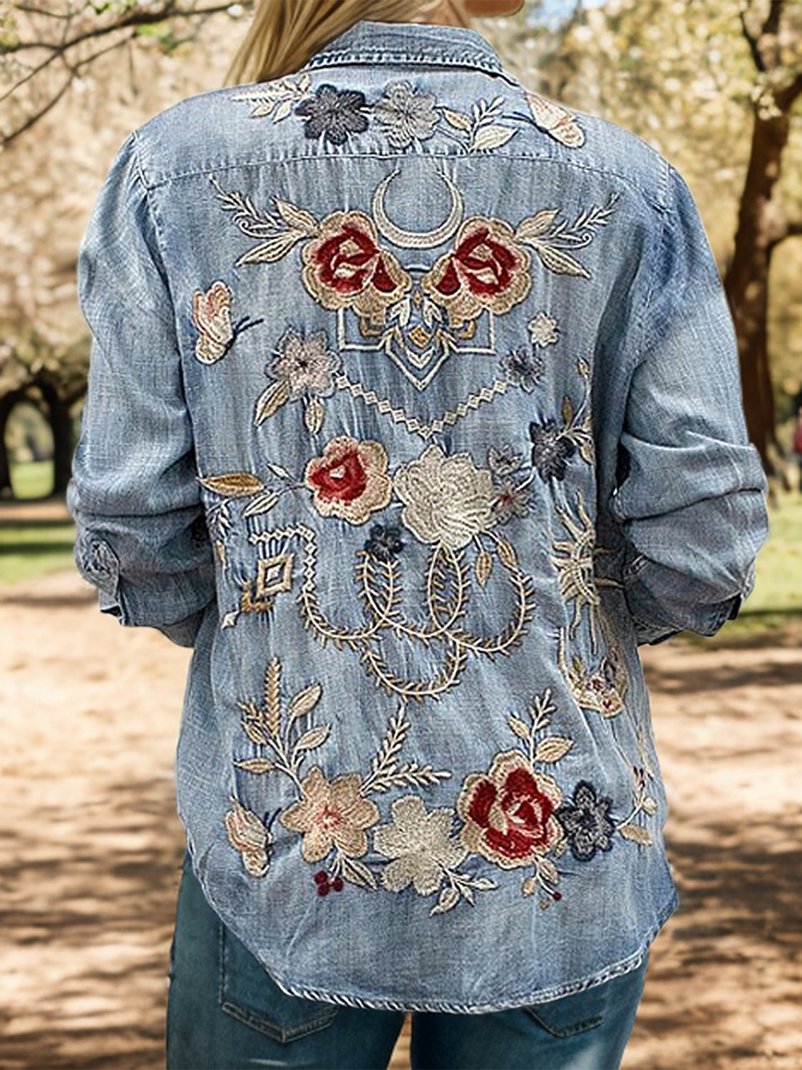 MeiMei Embroidered Pocketed Button Up Denim Shirt