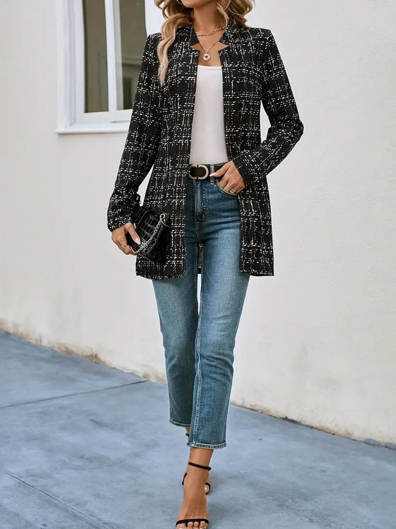 Plaid Open Front Long Sleeve Blazer