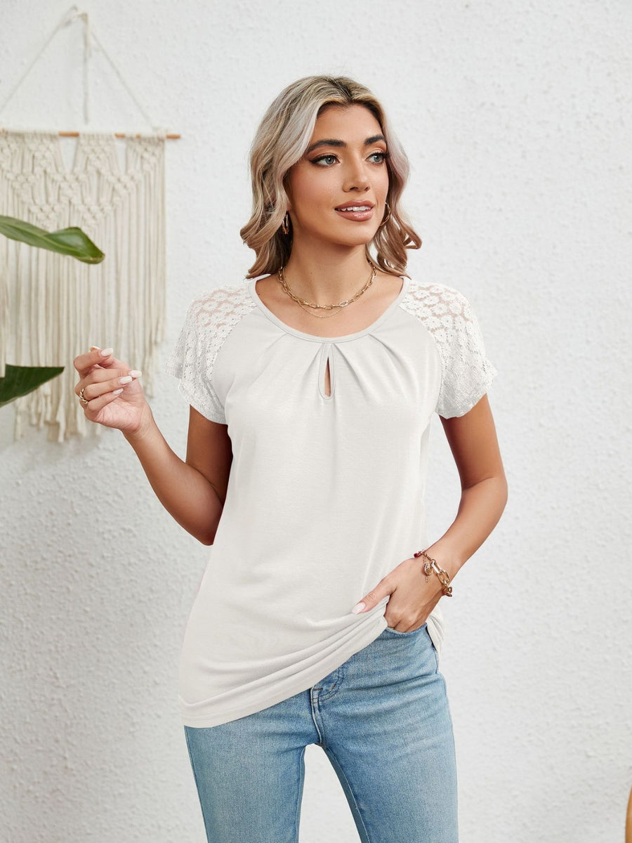 Lace Detail Round Neck Short Sleeve T-Shirt White