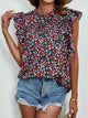 Ruffled Ditsy Floral Mock Neck Cap Sleeve Blouse Black