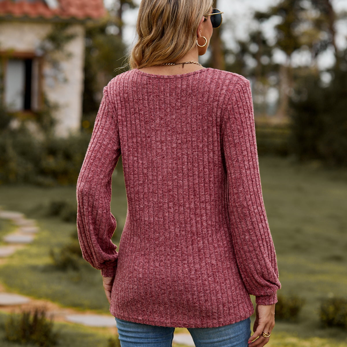 Round Neck Button-Down Long Sleeve Tee
