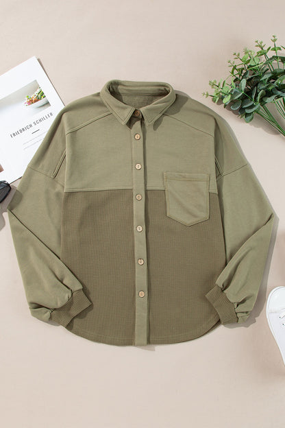 Waffle-Knit Collared Neck Long Sleeve Shacket Moss