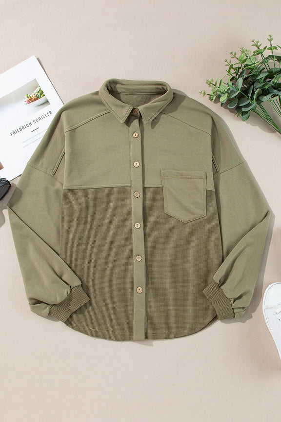 Waffle-Knit Collared Neck Long Sleeve Shacket Moss