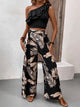 Ruffled Sleeveless Top and Printed Pants Set Black