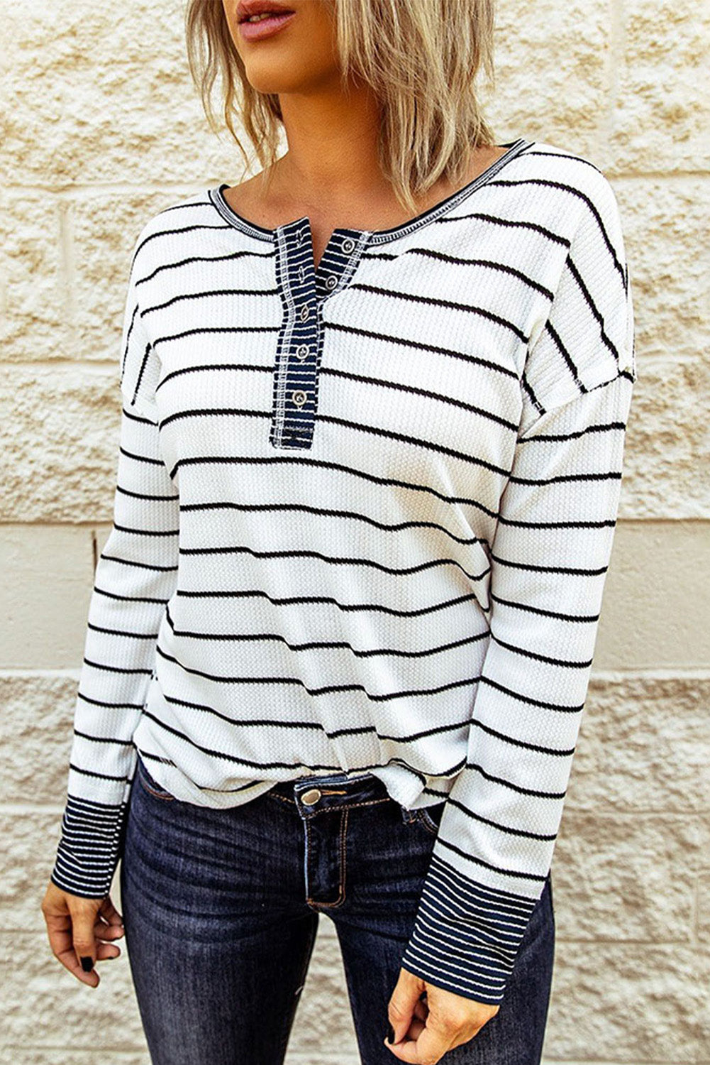 Striped Waffle Knit Henley Long Sleeve Top White