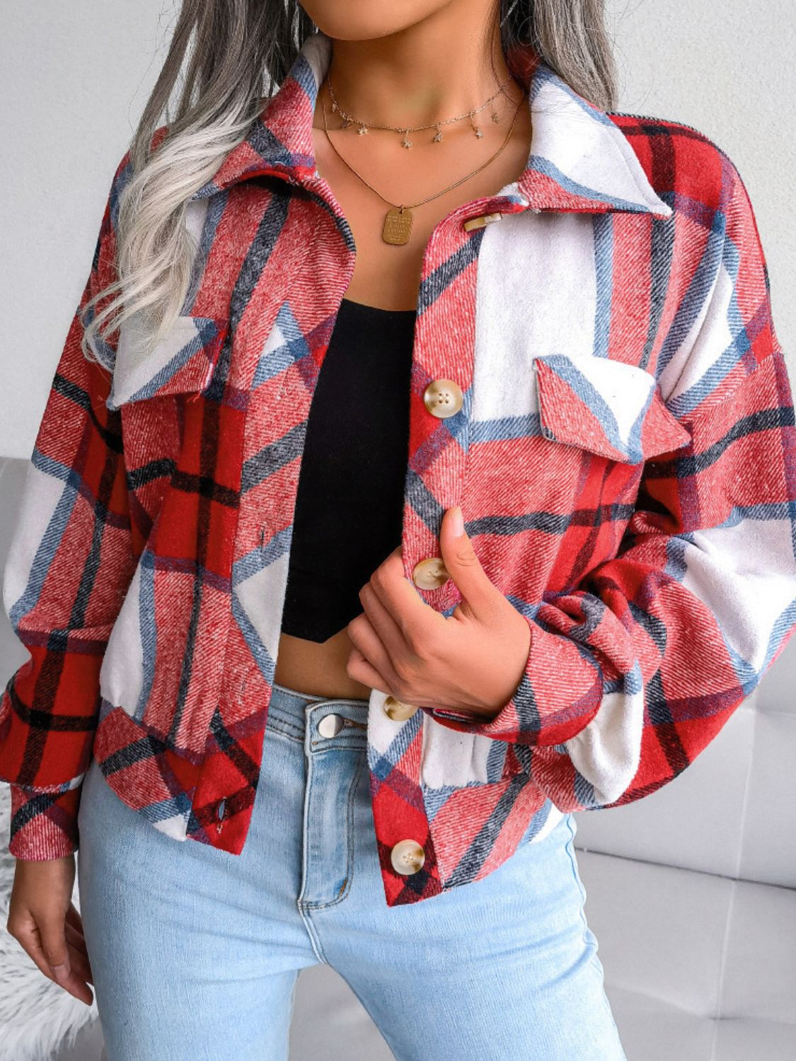 Plaid Collared Neck Drop Shoulder Jacket Deep Red