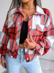 Plaid Collared Neck Drop Shoulder Jacket Deep Red