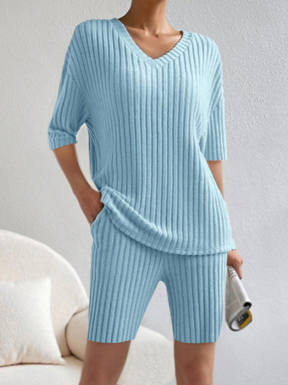 Ribbed V-Neck Top and Shorts Set Light Blue