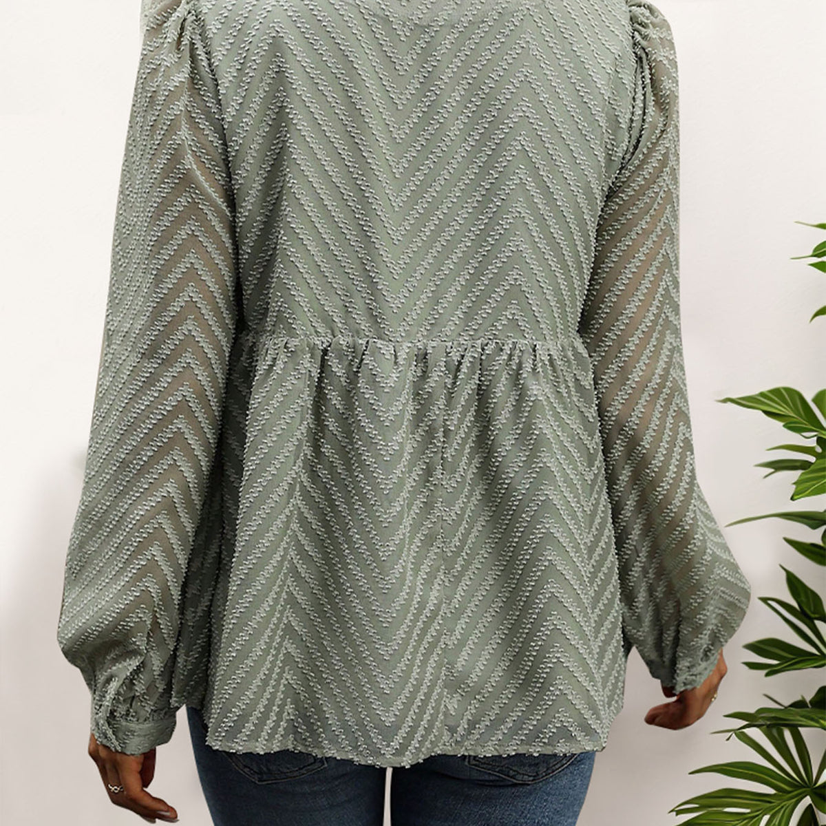 Perfee Peplum Round Neck Long Sleeve Blouse