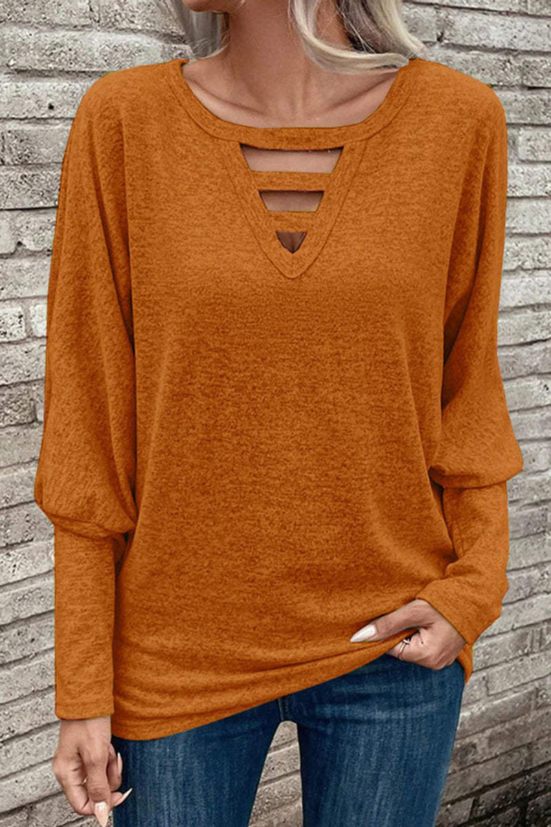Cutout Round Neck Long Sleeve T-Shirt Caramel