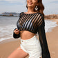 Openwork Boat Neck Long Sleeve Cover-Up