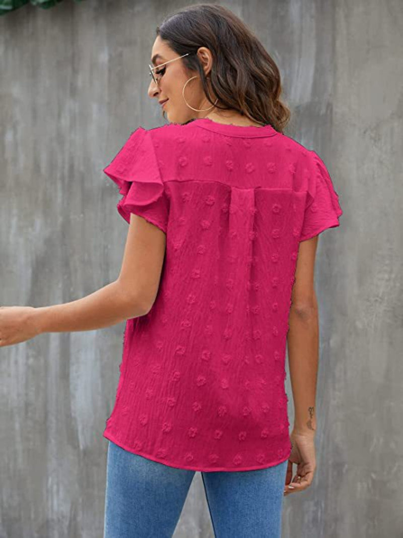 Swiss Dot Notched Cap Sleeve Blouse