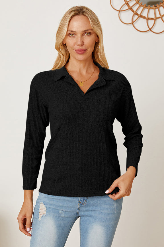 Collared Neck Dropped Shoulder T-Shirt Black