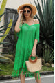 V-Neck Short Sleeve Fringe Hem Knit Dress Green One Size