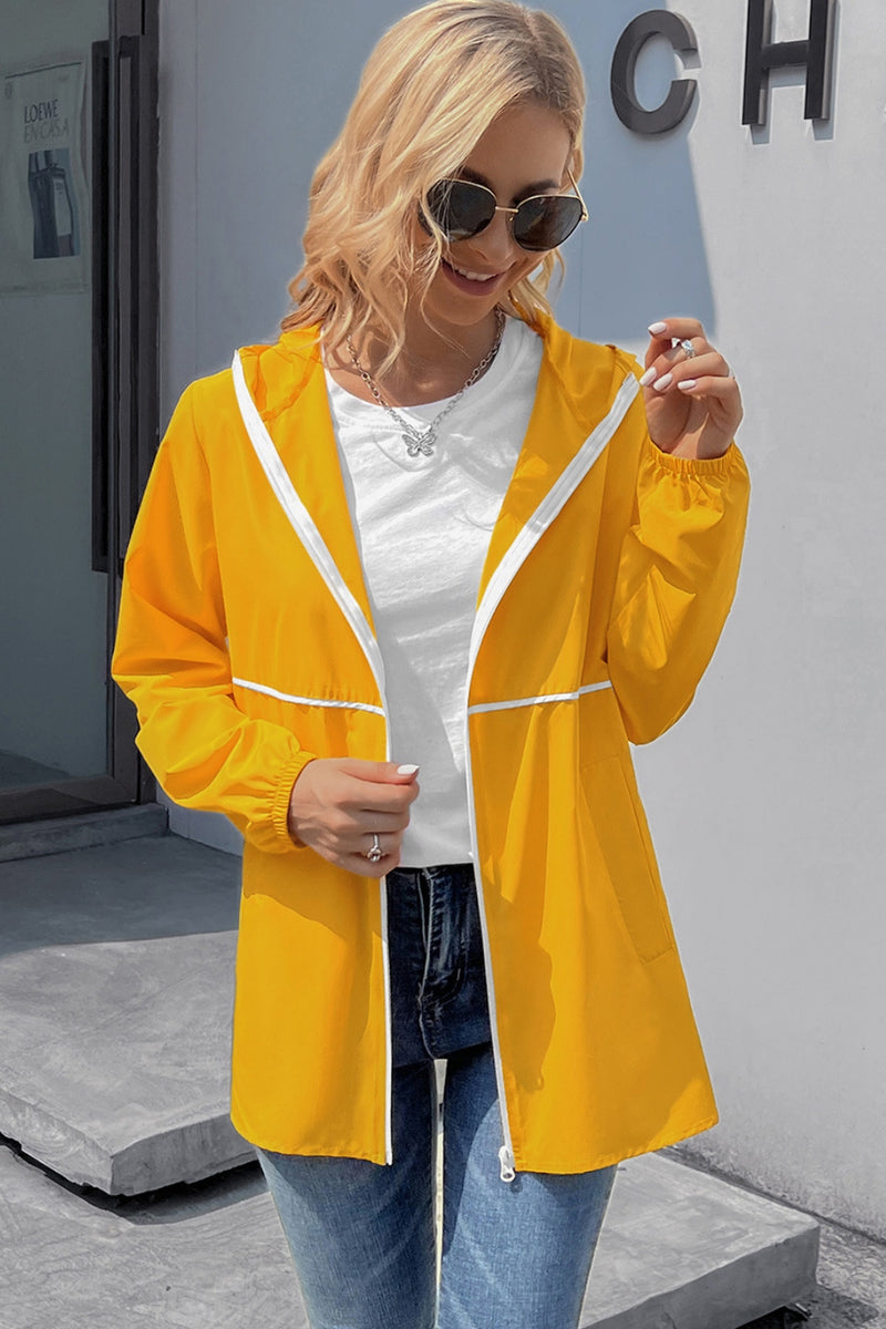 Ivy Lane Zip Up Long Sleeve Hooded Watertight Jacket Gold