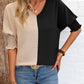 Contrast V-Neck Lantern Sleeve Blouse