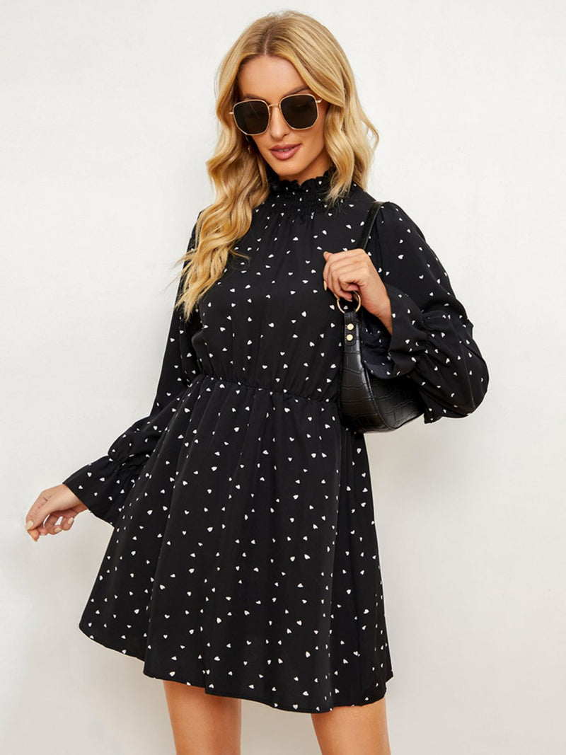 Printed  Long Flounce Sleeve Frill Neck Dress