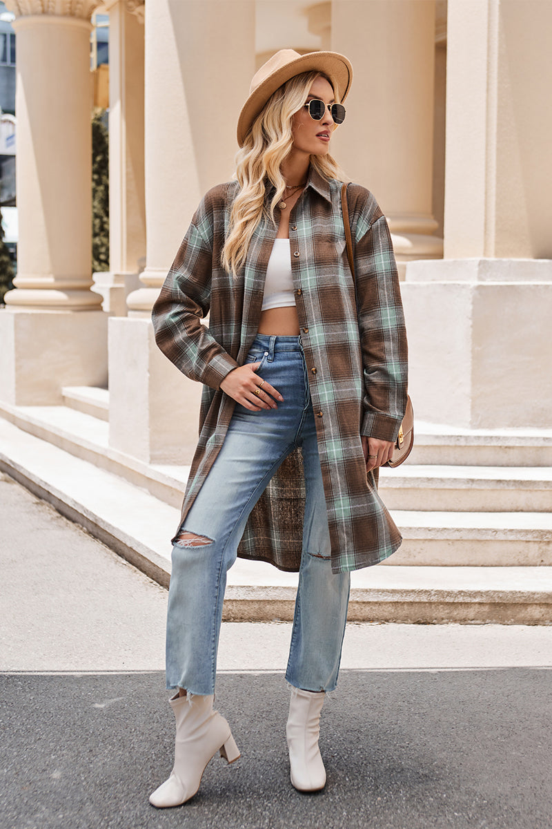 Mandy Plaid Collared Neck Long Sleeve Coat