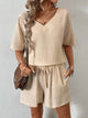 V-Neck Half Sleeve Top and Shorts Set Tan