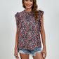 Ruffled Ditsy Floral Mock Neck Cap Sleeve Blouse