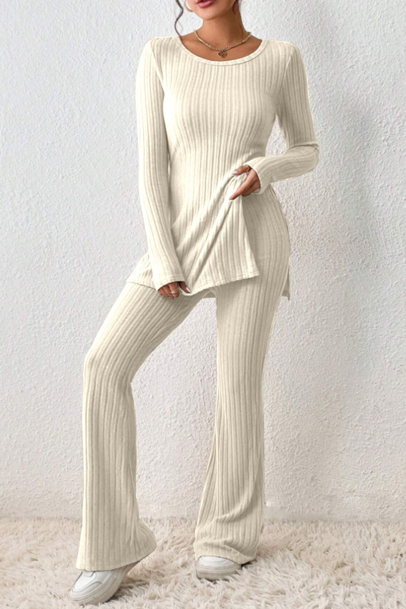 Ribbed Long Sleeve Slit Top and Bootcut Pants Set Cream