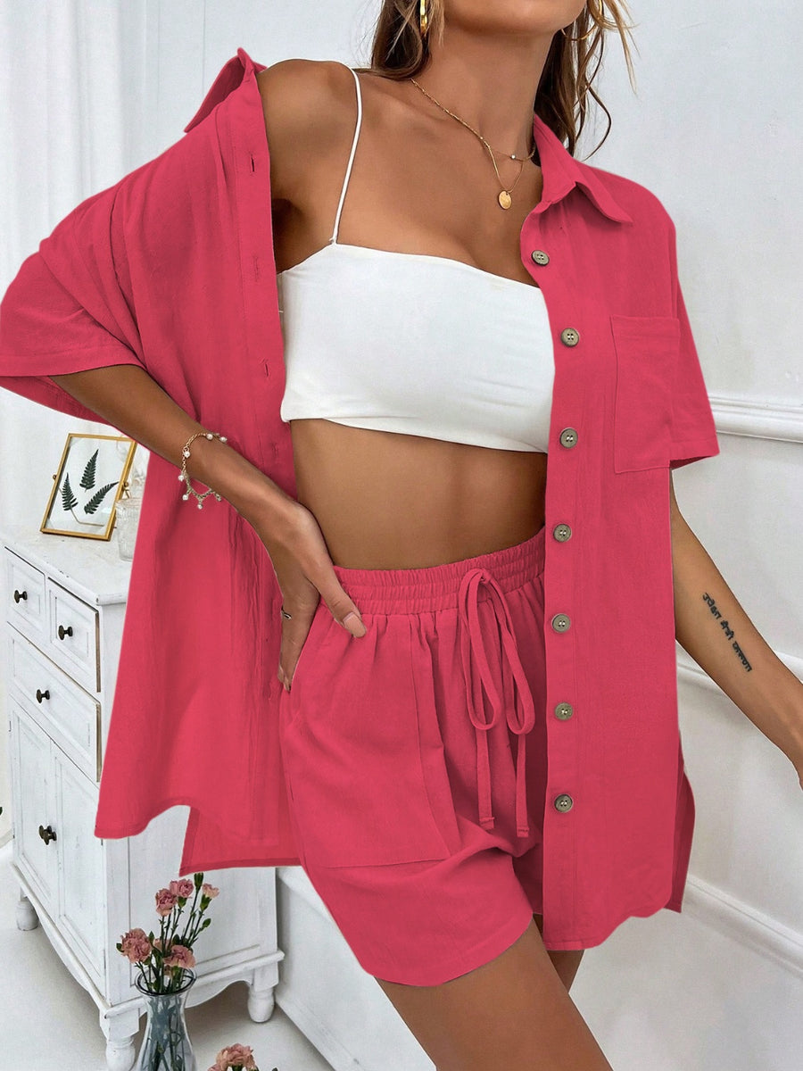 Button Up Half Sleeve Top and Shorts Set Deep Rose