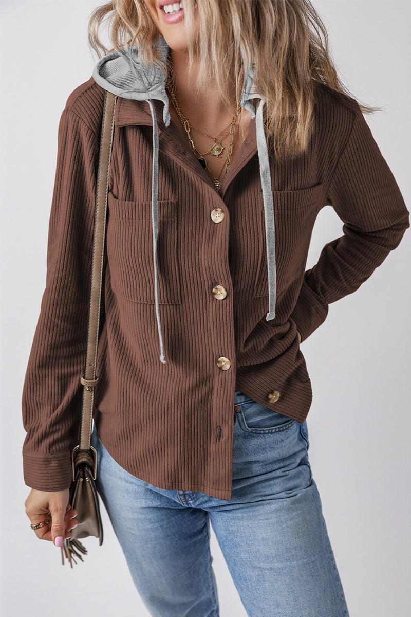 Drawstring Button Up Long Sleeve Hooded Jacket Dark Brown