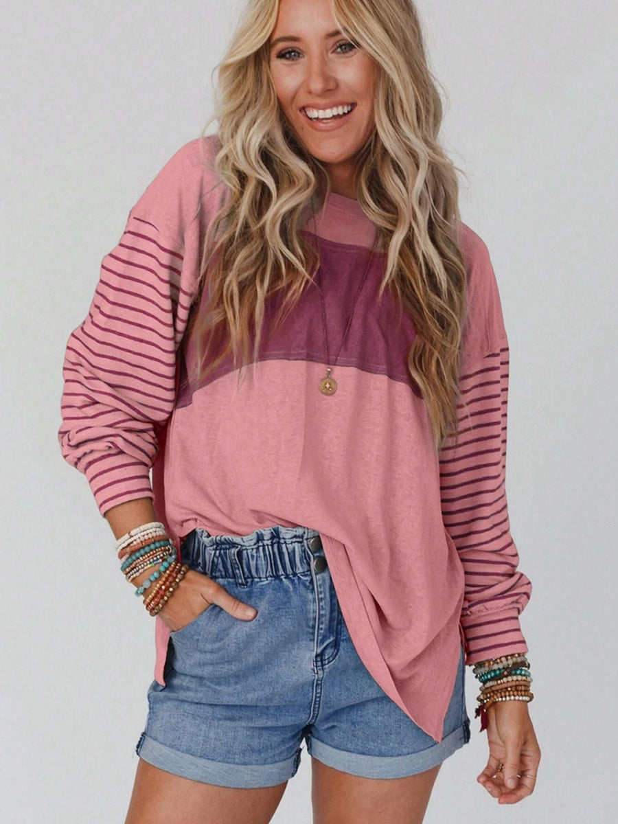 Round Neck Striped Long Sleeve Slit T-Shirt Moonlit Mauve