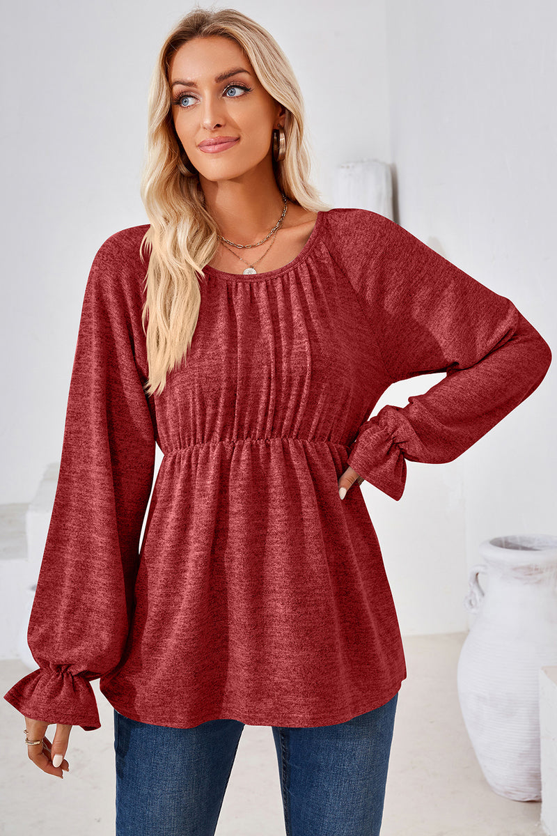 Ruched Round Neck Flounce Sleeve Blouse Burgundy