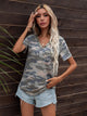Glitter V-Neck Short Sleeve Tee Shirt Green Camouflage